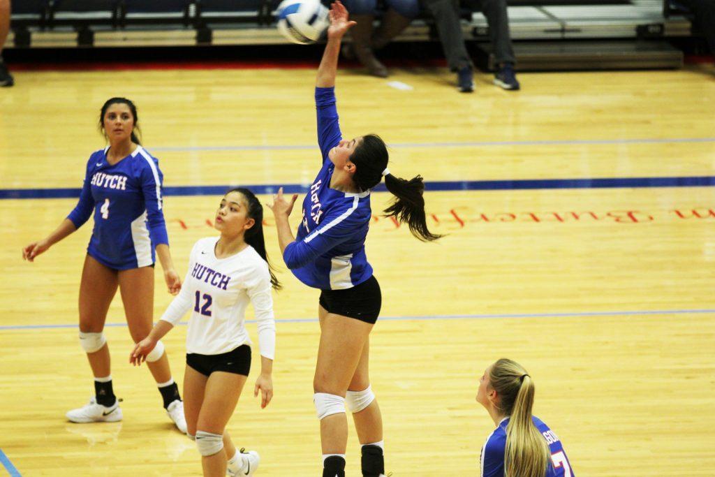 Hutchinson Community College's Camila Espejo goes up for a kill during a match against Butler at the Sports Arena. Photo by Bre Rogers.