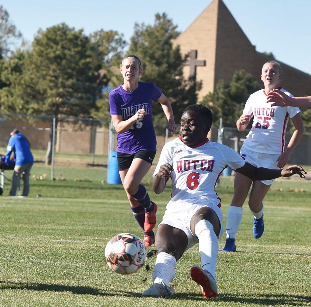 Esther Karhayu about to kick the ball in the game against Butler on Saturday - photo by Andy Carpenter/HutchCC Sports Information