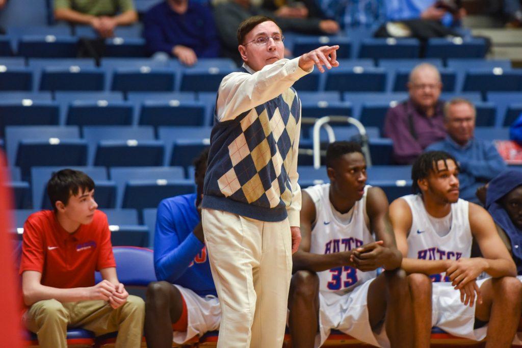 HutchCC men's basketball coach Steve Eck gives instructions to his team during a game earlier this season at the Sports Arena. (Photo by Bre Rogers/Collegian)