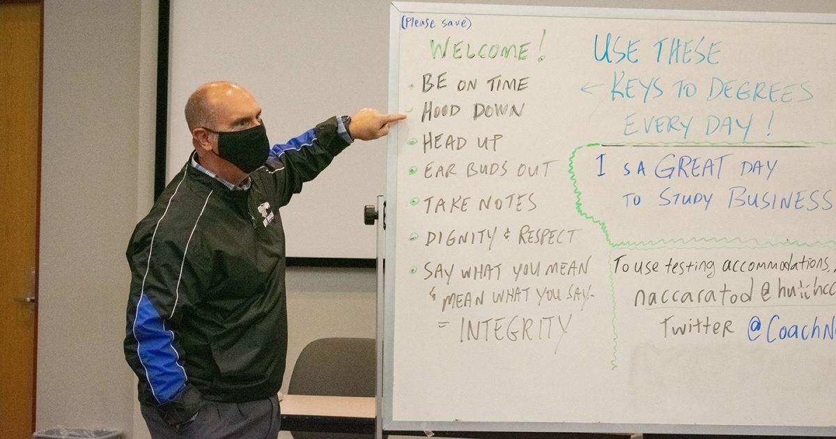 HutchCC instructor Dan Naccarato explains to his class why "it's a great day to study business."