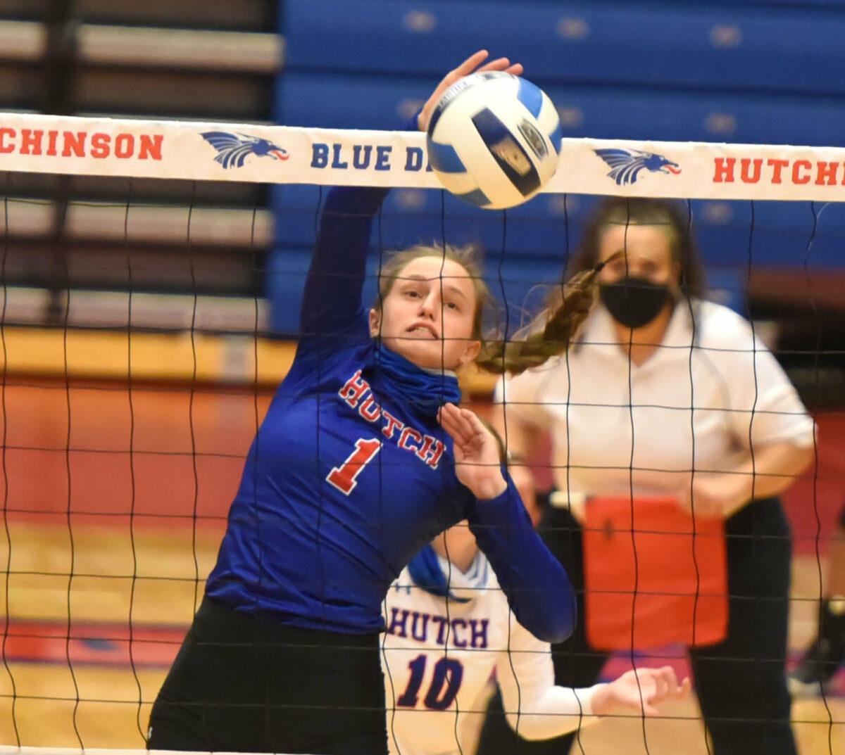 Jenna Thorne goes for a kill during a home match against Pratt earlier this month. Photo courtesy HutchCC Sports Information