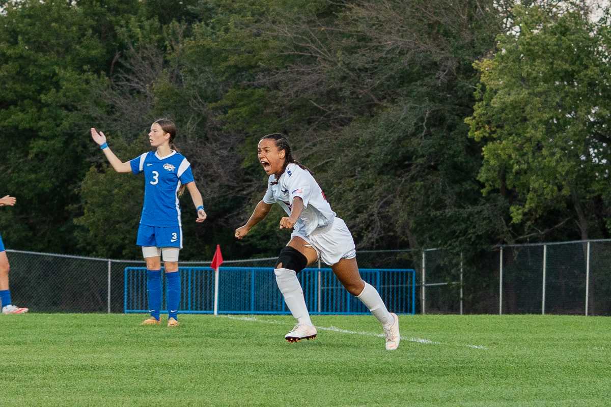 Beatrice Sales celebrates her first collegiate goal on Oct. 1 against Barton. Sales' goal came after missing nearly a year due to a knee injury.