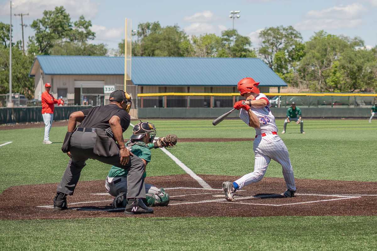 Hutchinson Community College's Anthony Mazza hits the ball during a game with Seward County on April 18 at Hobart-Detter Field. Photo by Abby Filippi/Collegian